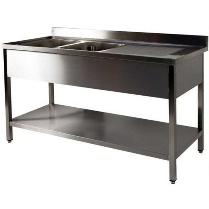 Plonge inox Prof. 700 mm - 2 bacs à gauche - étagère