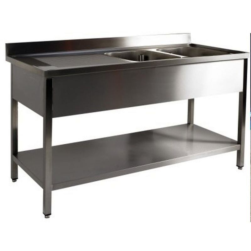 Plonge inox Prof. 700 mm - 2 bacs à droite - étagère