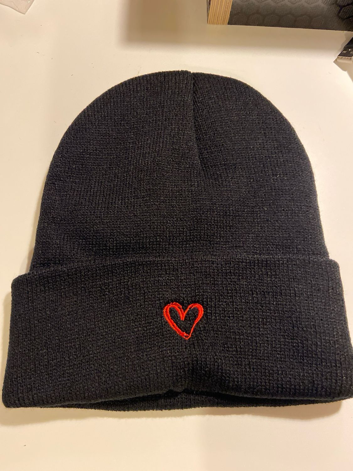 Headwear - Black Hat With Embroidered Red Heart.