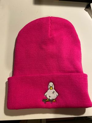 Headwear - Pink Knitted Hat With Embroidered Duck.