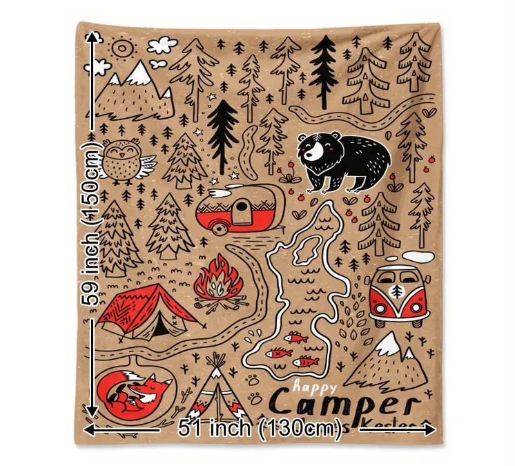 Soft Furnishings - Camping Blanket, Happy Camper, Soft Throw  150cm X 130cm