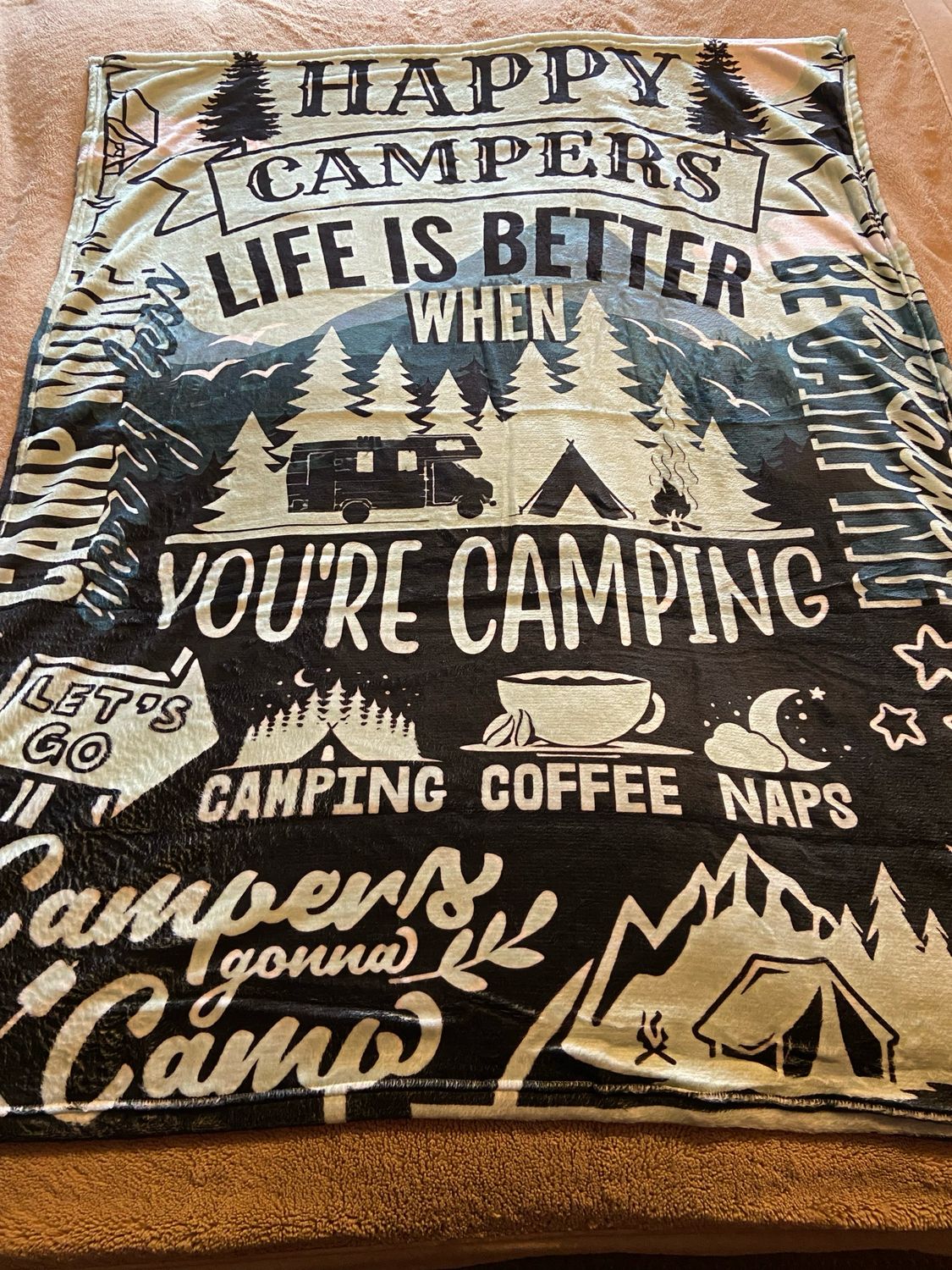 Soft Furnishings- Camping Blanket. Happy Campers. Soft Throw. 100cm X 130cm