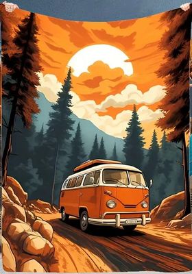 Soft Furnishings - Vintage Orange Campervan 150 X 100cm Throw/Blanket