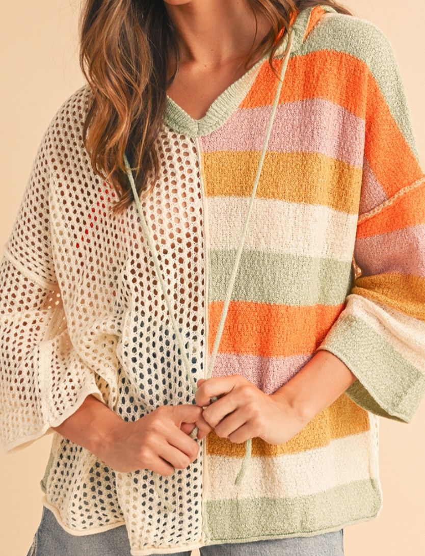 Colorblock Knit Hooded V Neck Sweater JA