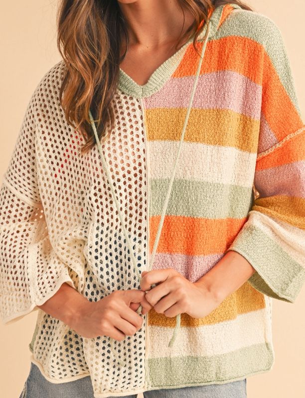 Colorblock Knit Hooded V Neck Sweater JA