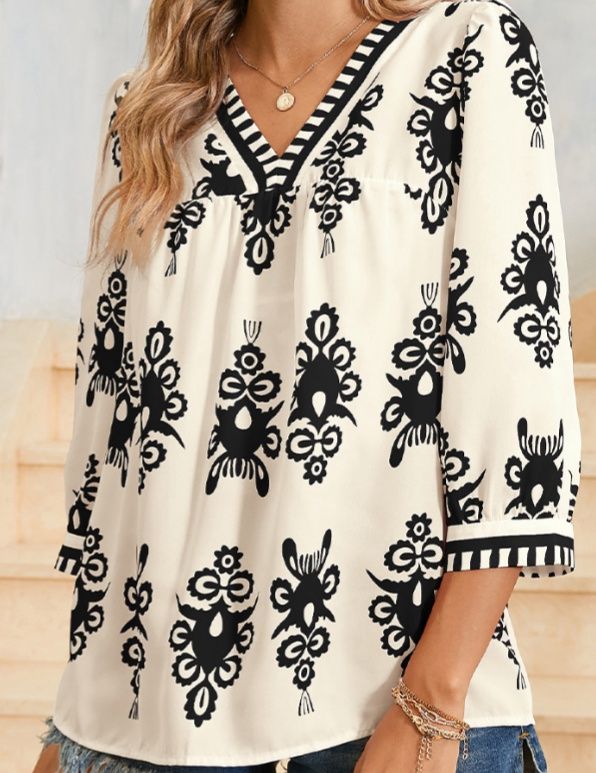 Ethnic Puff Sleeve V Neck Blouse JA