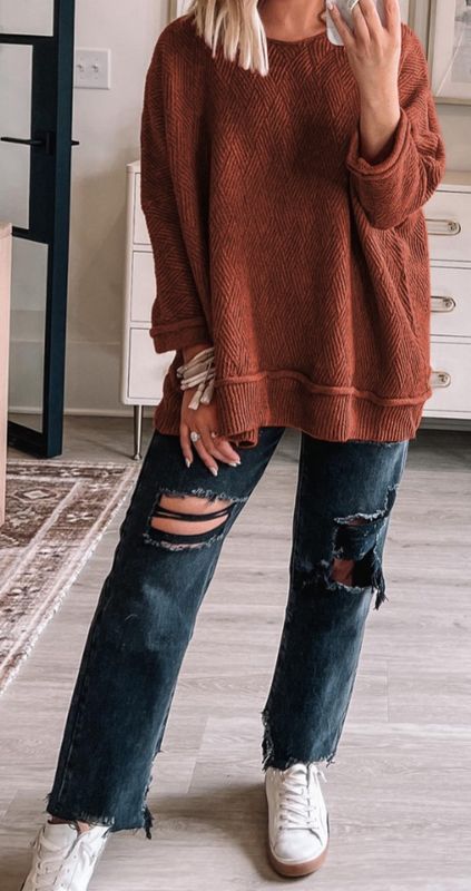 Rust Loose Round Neck Sweater JA