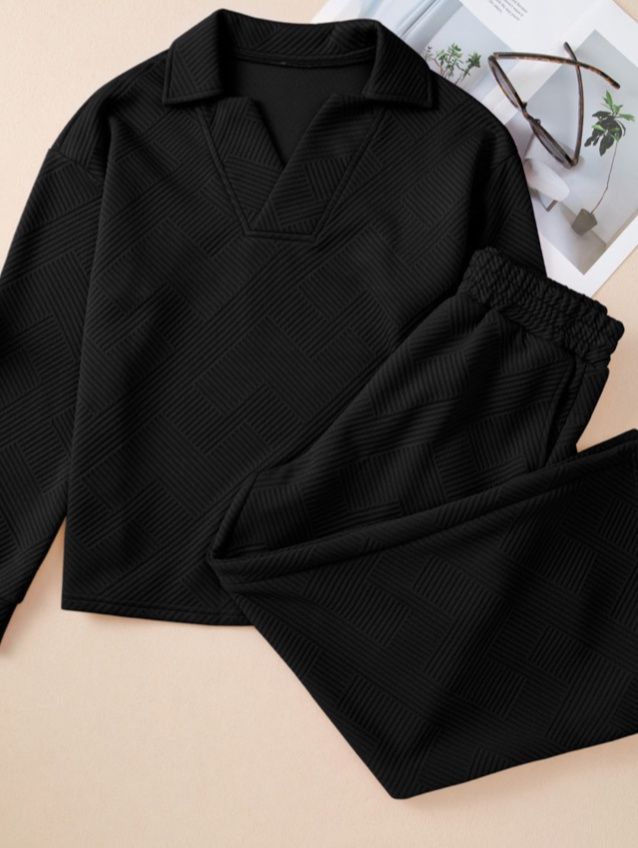 JA Textured V Neck Long Sleeve Wide Leg SET