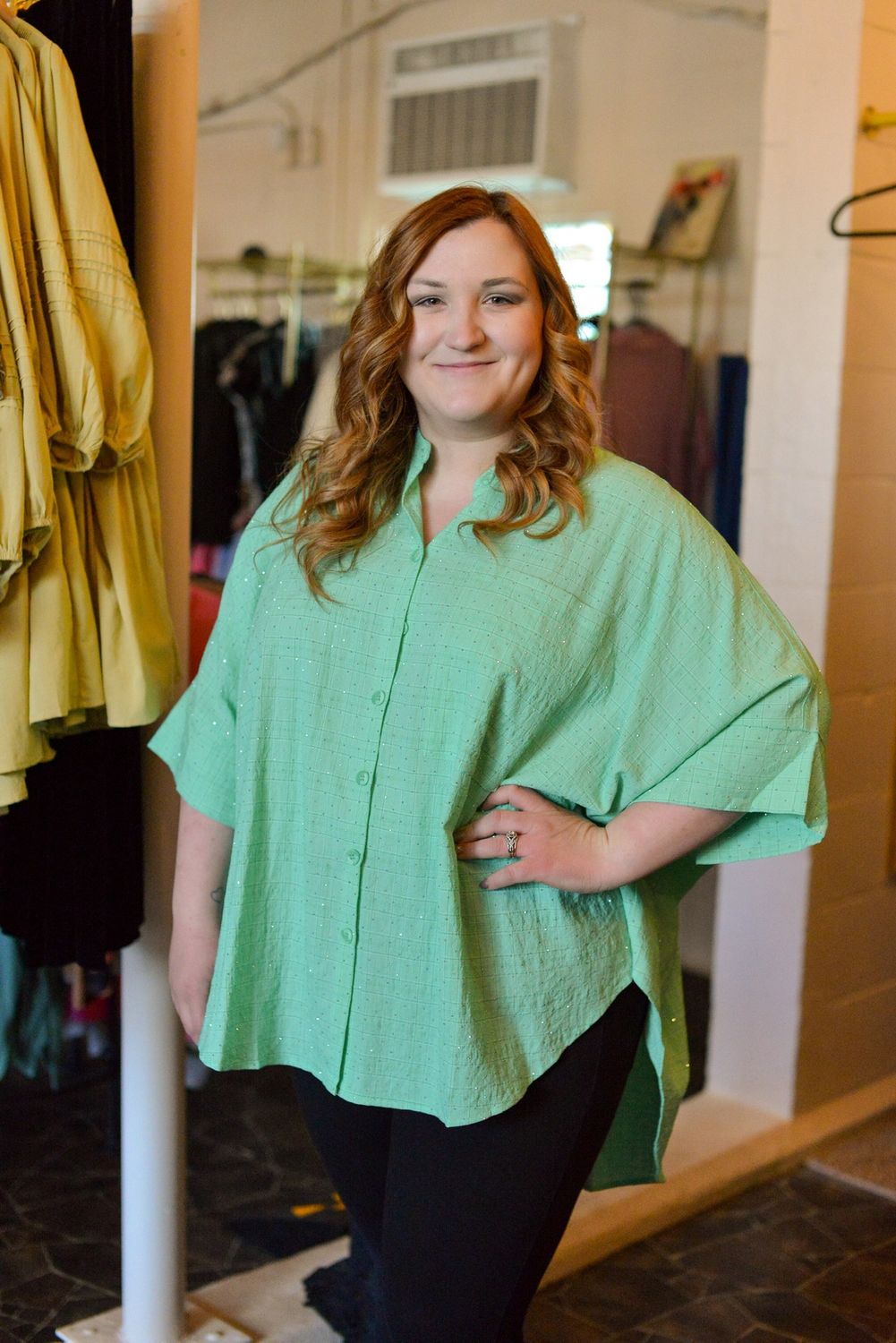 Green embellished button up