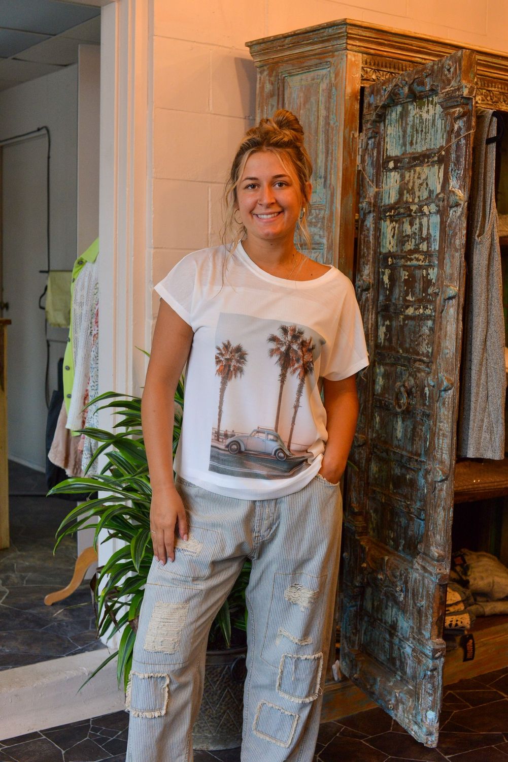 Stripe denim barrel pant