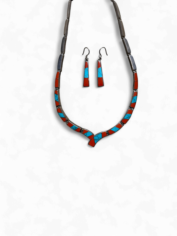 Turquoise &amp; Coral Inlay Necklace Set