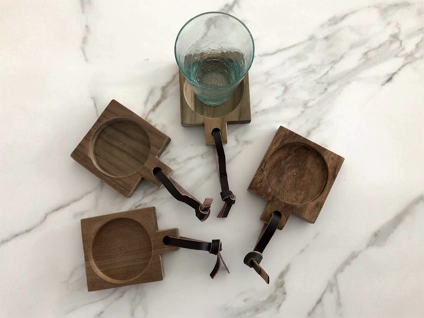 Set Of 4 Teak Coasters - with Straps