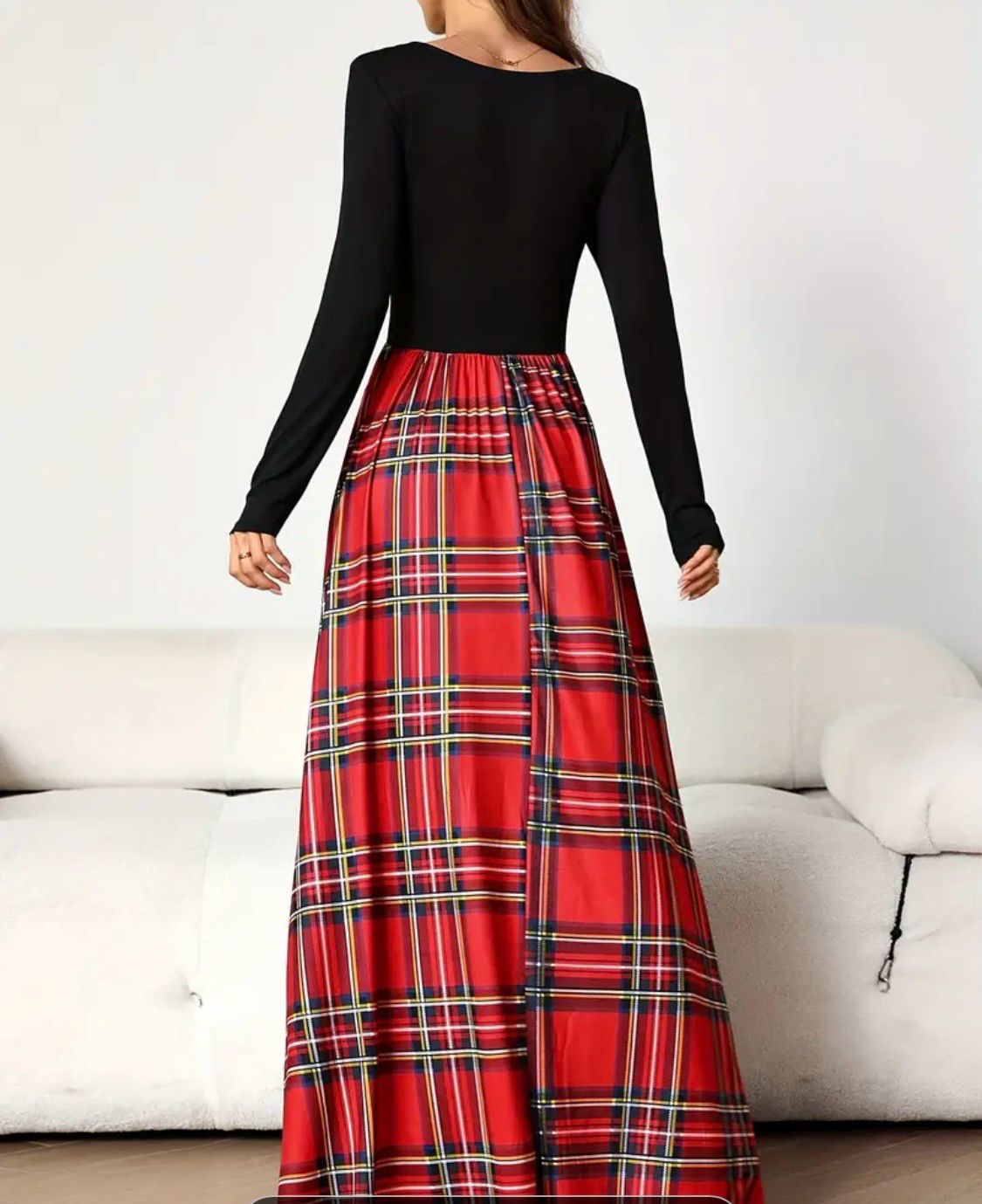 New Simpson Chic Plaid Print Maxi Dress with Asymmetrical Hem - Crew Neck, Long Sleeve, Machine Washable - Elegant Polyester Fashion for Women