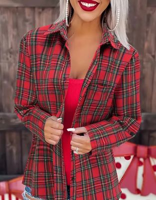 New Simpson Red Plaid Print Button Up Shirt, Casual Long Sleeve Breast Pocket Shirt For Spring & Fall, Women's Clothing