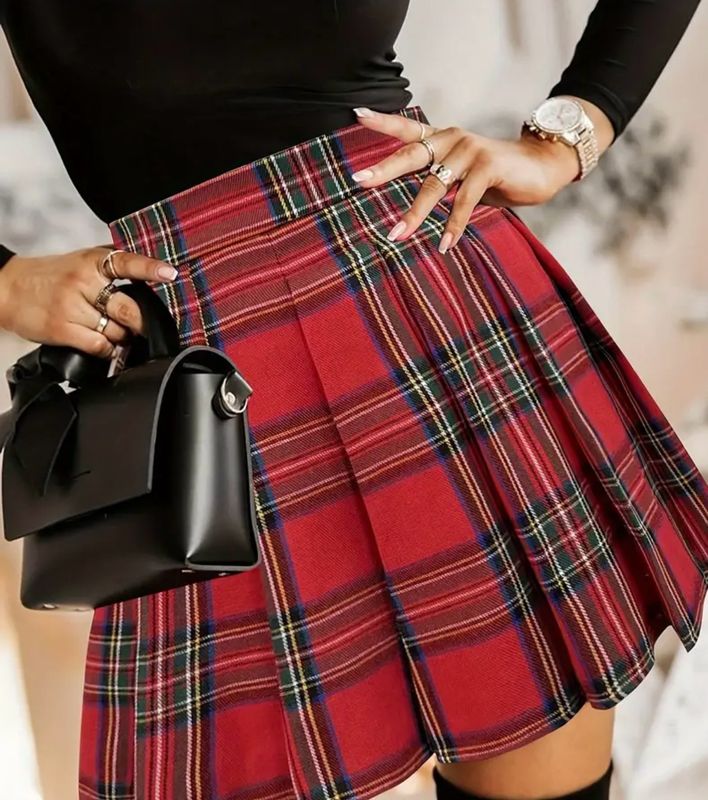 New Simpson Elegant Plaid Pleated Mini Skirt for Women - Polyester Woven Tartan Half-Skirt for Spring/Summer/Fall - Stylish Commute Skirt with Pleated Detail New Simpson Elegant Plaid Pleated Mini Skirt for Women - Polyester Woven Tartan Half-Skirt for Spring/Summer/Fall - Stylish Commute Skirt with Pleated Detail