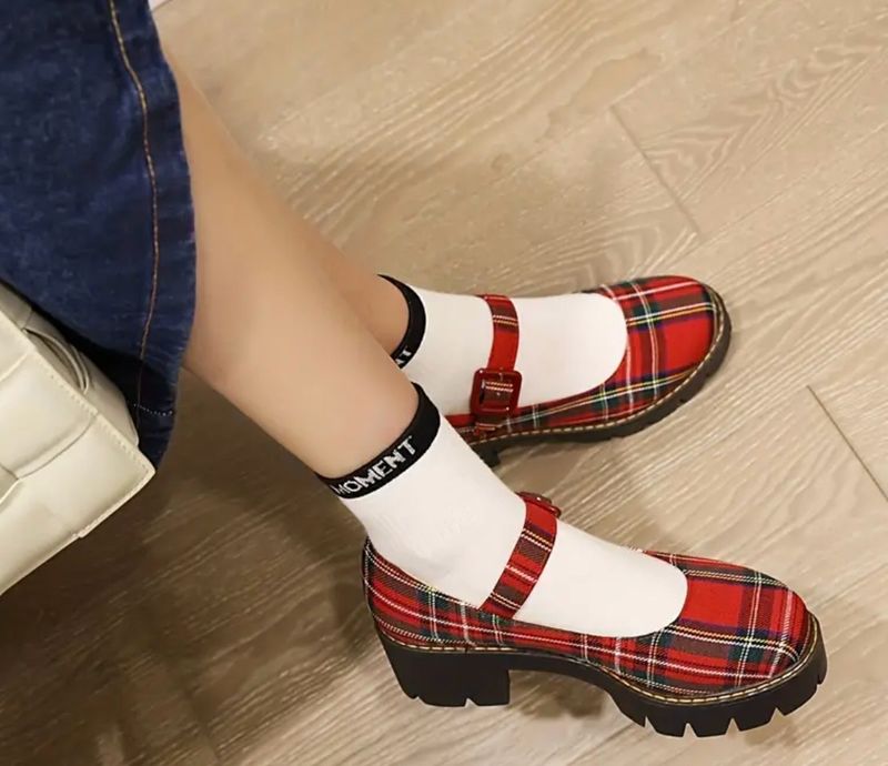 New Simpson Women's Plaid Mary Jane, Buckle Strap Round Toe Chunky Heel Shoes, All-Match School Uniform Shoes