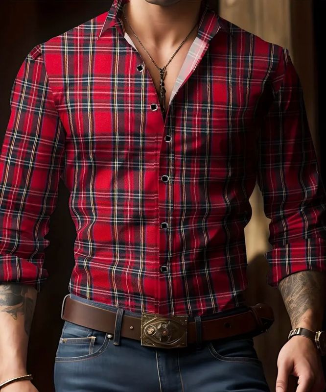 New Simpson Men's Semi Casual Fashion Red Plaid Long Sleeve Button-Down Shirt, Polyester Loose Fit Lapel Collar, Slight Stretch Woven Fabric, for Fall/Winter New Simpson Men's Semi Casual Fashion Red Plaid Long Sleeve Button-Down Shirt, Polyester Loose Fit Lapel Collar, Slight Stretch Woven Fabric, for Fall/Winter