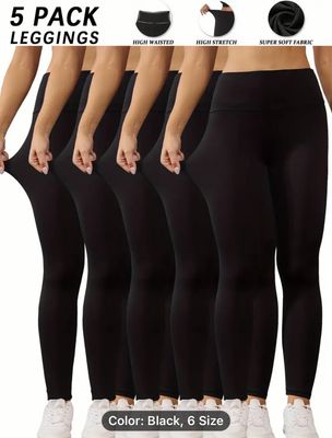 5pcs Women's High-Waist Tummy Control Yoga Leggings - Seamless, Non-See-Through, Stretchy Workout Pants for Running & Fitness, Breathable Polyester-Spandex Blend, Machine Washable, Solid Color, Black