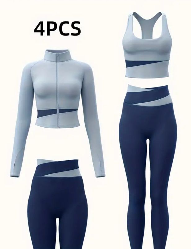 4pcs Set Women'S Yoga Outfit, Color Block Polyester Blend, High-Intensity Tight Fit, Long Sleeve Top, Shorts, Tank, Leggings, No Waistband, Stretch Knit Fabric, Athletic Wear for All Seasons 4pcs Set Women'S Yoga Outfit, Color Block Polyester Blend, High-Intensity Tight Fit, Long Sleeve Top, Shorts, Tank, Leggings, No Waistband, Stretch Knit Fabric, Athletic Wear for All Seasons
