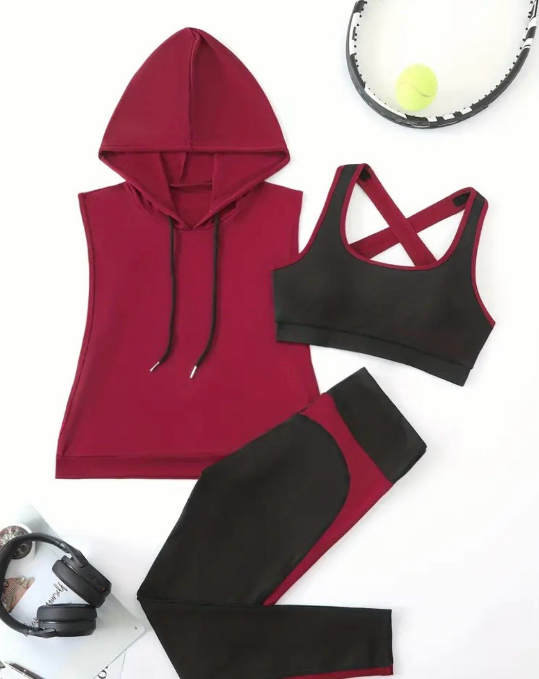 Women's Yoga Outfit Set - Hooded Sports Bra & High-Waist Leggings, Color Block Design, Stretchy Polyester Blend, Machine Washable