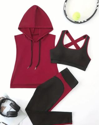 Women's Yoga Outfit Set - Hooded Sports Bra & High-Waist Leggings, Color Block Design, Stretchy Polyester Blend, Machine Washable