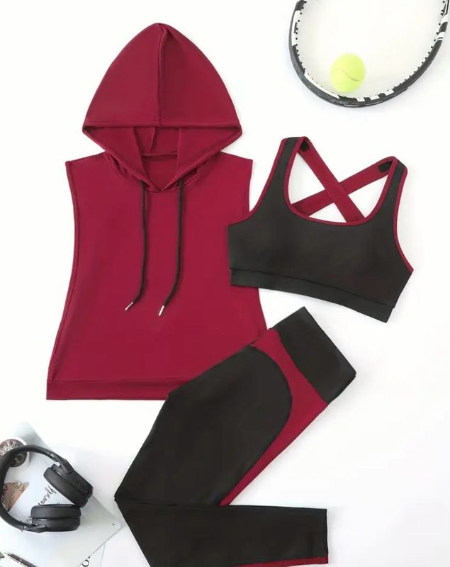 Women's Yoga Outfit Set - Hooded Sports Bra & High-Waist Leggings, Color Block Design, Stretchy Polyester Blend, Machine Washable