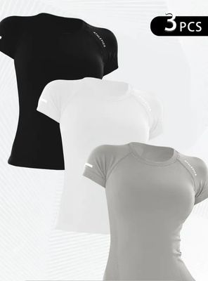 3 Pieces Women's Sports T-shirt Round Neck Pullover Letter Short Sleeve T-shirt High Elastic Breathable Fitness Running Yoga Clothes
