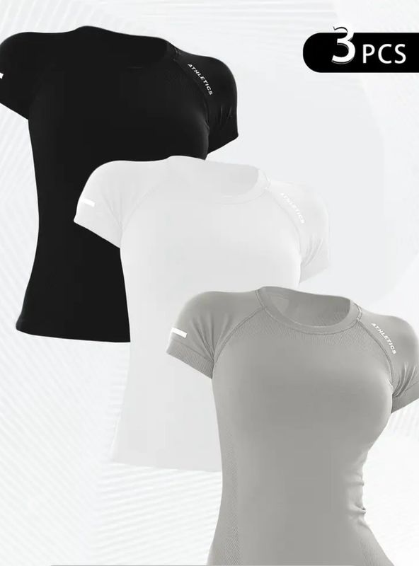 3 Pieces Women's Sports T-shirt Round Neck Pullover Letter Short Sleeve T-shirt High Elastic Breathable Fitness Running Yoga Clothes