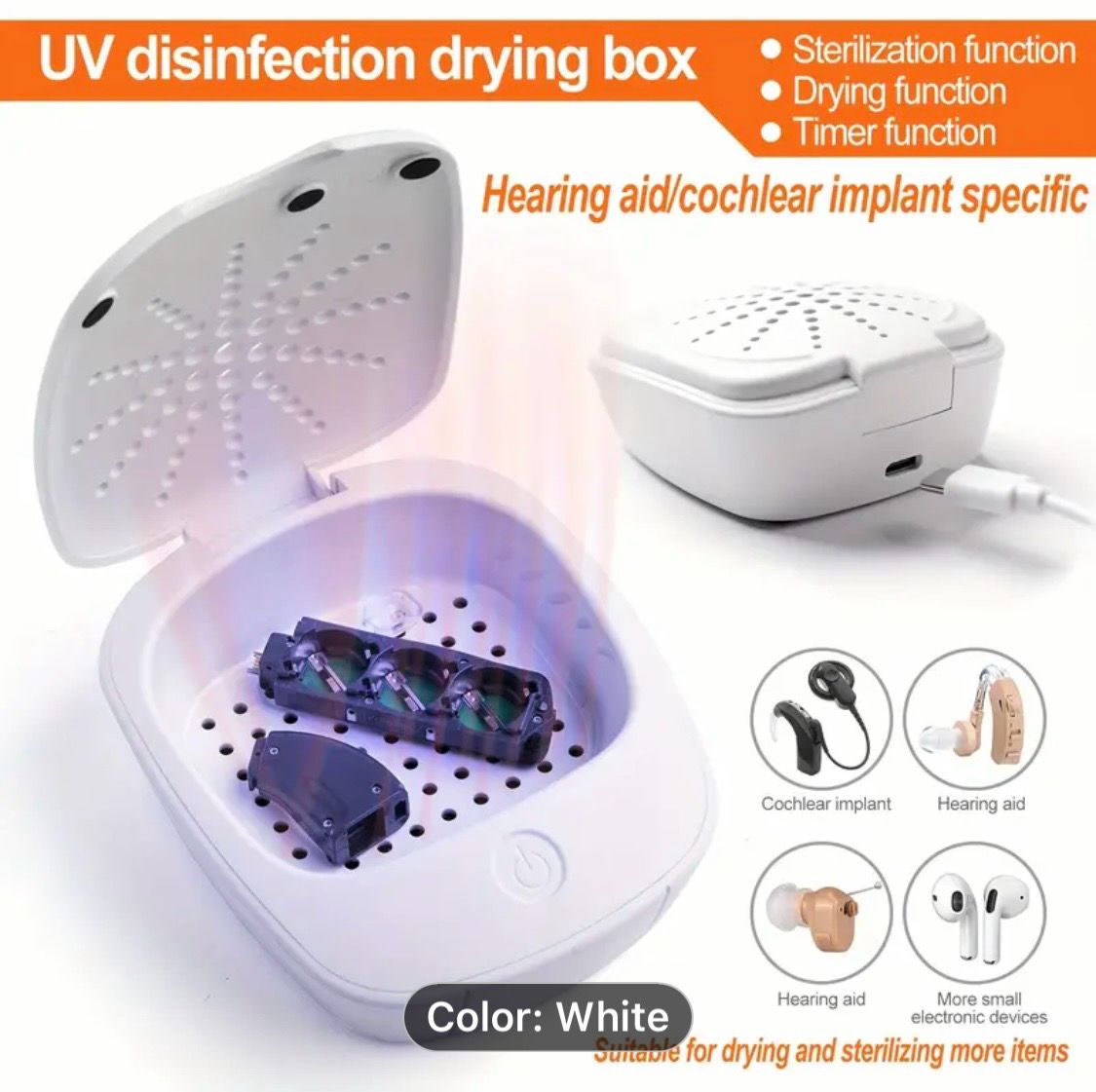 UV Disinfection Drying Box for Hearing Aids and Cochlear Implants, USB Powered, Electronic Ultraviolet Sterilization with Timer, Lightweight Dehumidifier Dry Case with 2 Drying Modes