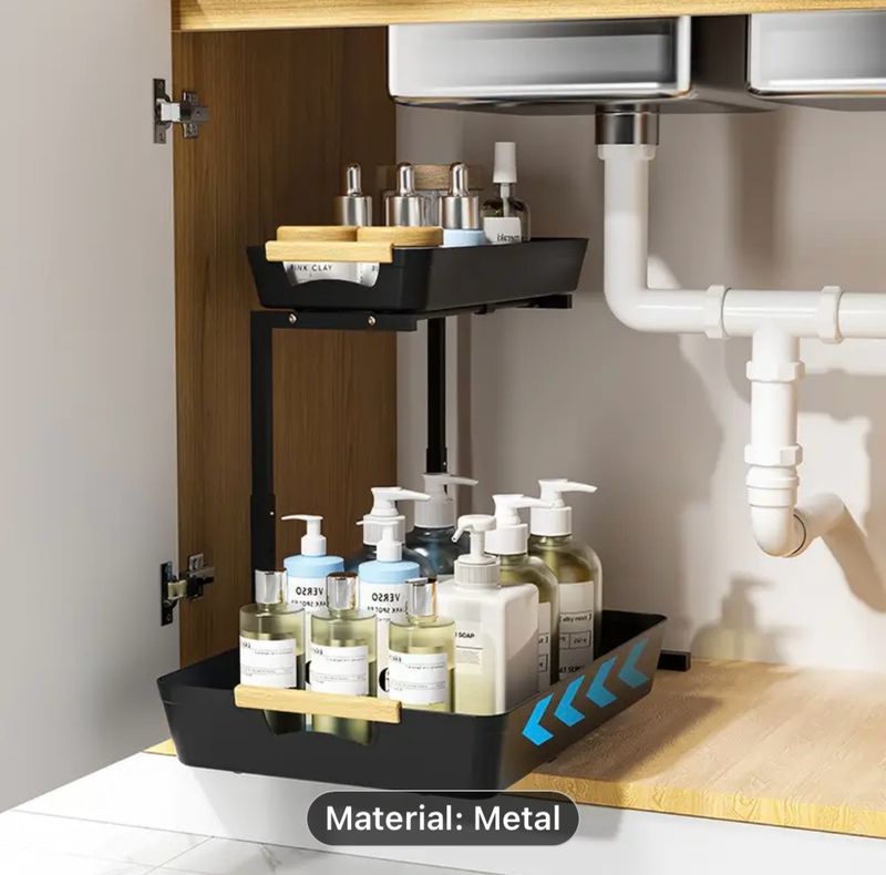 Under Sink Organizer, 2 Tier Bathroom Cabinet Organizer, With Sliding Basket, Multi-Purpose Under Sink Organizers