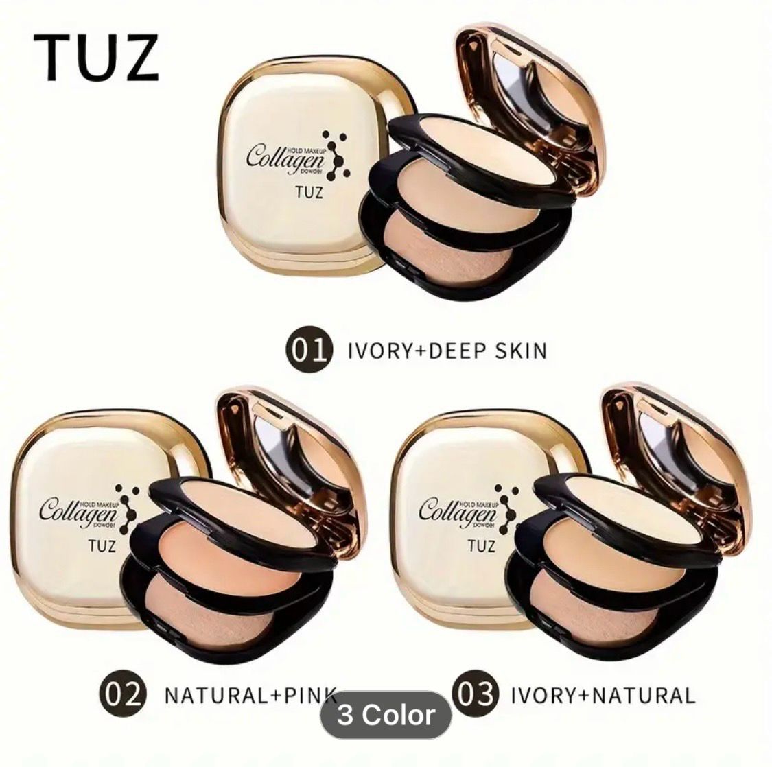 TUZ Collagen Double-Layer Pressed Powder Compact, Matte Finish, Delicate Silky Texture with Mirror and Powder Puff, Nourishing Plant Squalane Makeup