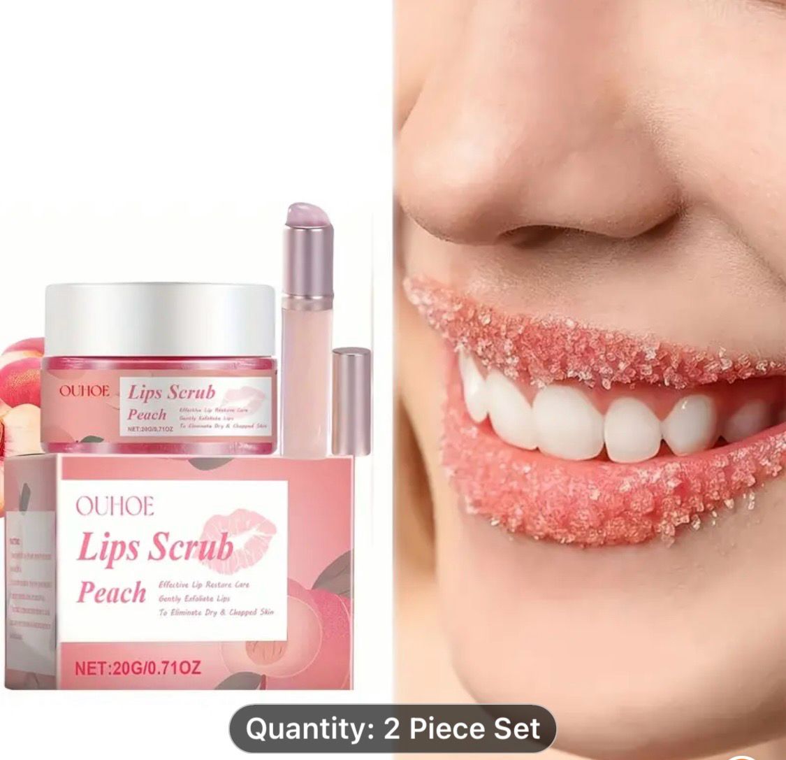 Unisex-Adult Hypoallergenic Lip Care Set with Peach Hydrating Lip Scrub and Pink Lip Brush - Moisturizing Lip Treatment for All Skin Types, Enhances Lip Elasticity, Nourishes & Softens Lips, Ideal for