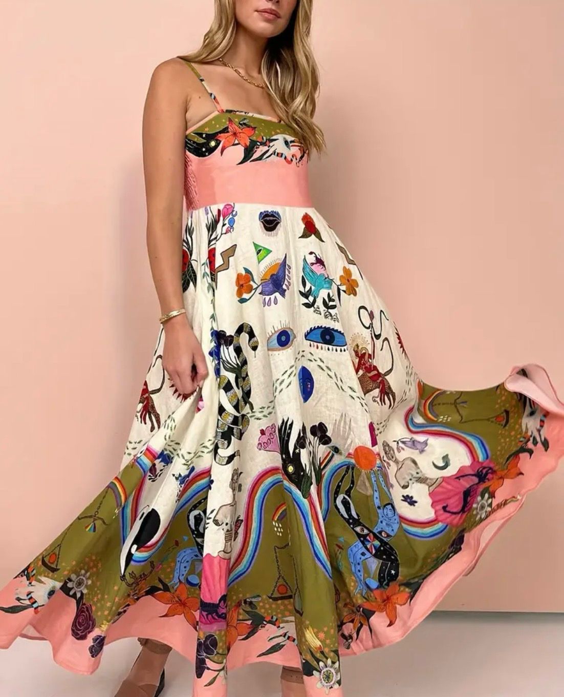 Graffiti Bright Print Shoestring Thin Strap Dress, Casual Sleeveless Cami Dress For Spring & Summer, Women's Clothing