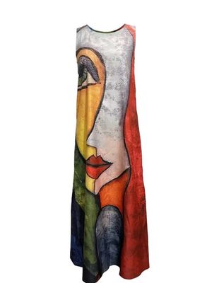 Tank Dress Abstract Print Crew Neck, Surrealist, Art, Casual Sleeveless Maxi Dress For Spring & Summer, Women's Clothing