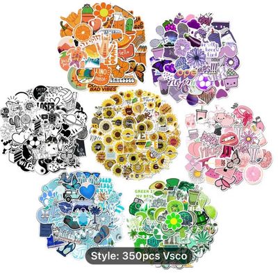 A pack of 350 vibrant Vsco stickers featuring blue, pink, purple, black, sunflower, orange, green, and white flower art. These cute and funny cartoon decals are made from graffiti vinyl and Waterproof