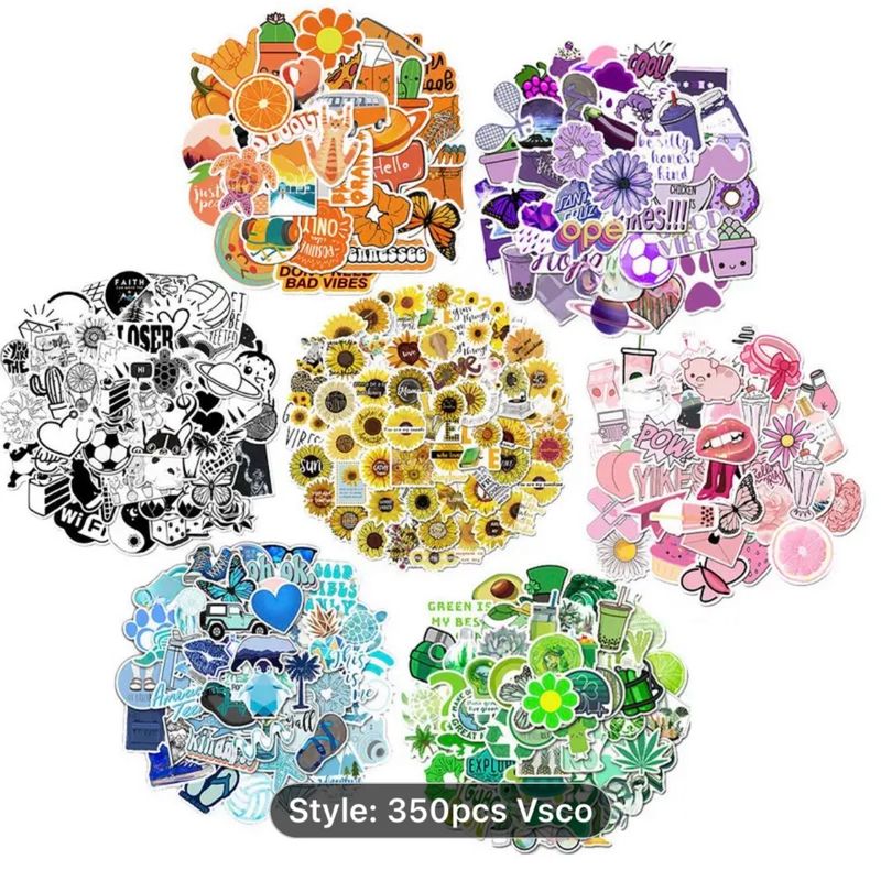 A pack of 350 vibrant Vsco stickers featuring blue, pink, purple, black, sunflower, orange, green, and white flower art. These cute and funny cartoon decals are made from graffiti vinyl and Waterproof A pack of 350 vibrant Vsco stickers featuring blue, pink, purple, black, sunflower, orange, green, and white flower art. These cute and funny cartoon decals are made from graffiti vinyl and Waterproof