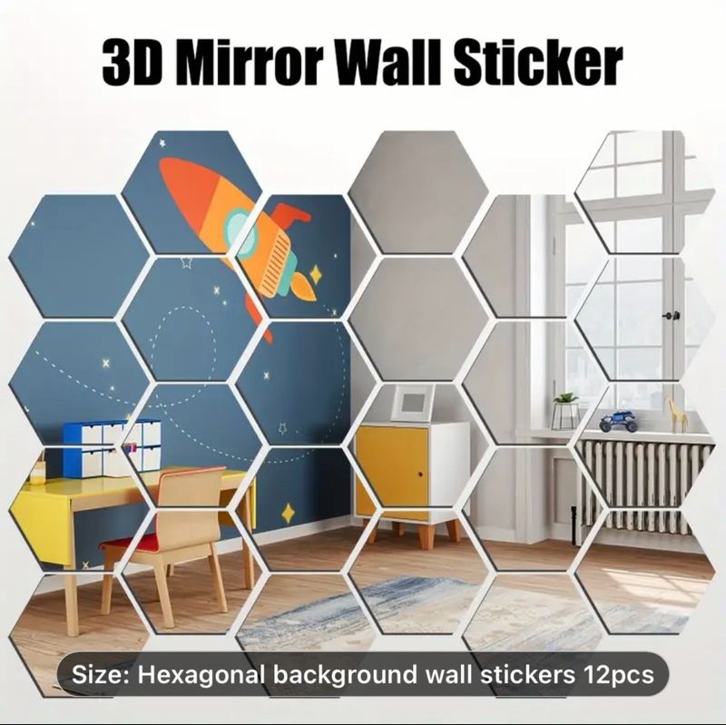 Home Decor DIY: 12-Piece 3D Hexagon Mirror Wall Stickers Self-adhesive mirror decor stickers for artistic wall decoration.