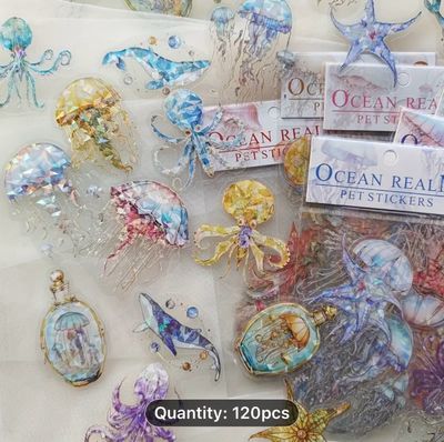 Ocean Wonders Sticker Set - Jellyfish, Octopus & More | Sparkling Golden Foil Shell Designs | Self-Adhesive Decals for Scrapbooking & Crafting