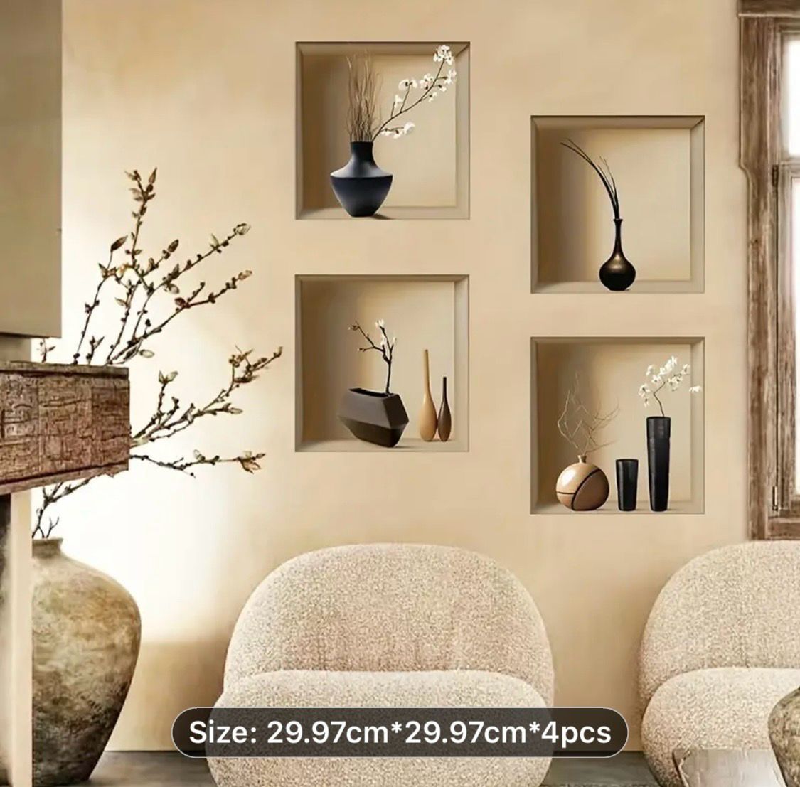 3D Potted Plant Wall Decals - Modern Floral Trio, Removable and Reusable Vinyl Stickers Ideal for Living Room and Entryway Decoration.