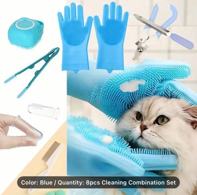 Pet Full-Body Cleaning Set includes a massage scrubber, eye cleaner, nail clippers, nail file, cleaning gloves, two finger toothbrushes, and a flea comb, ideal for grooming cats and dogs. 8-piece