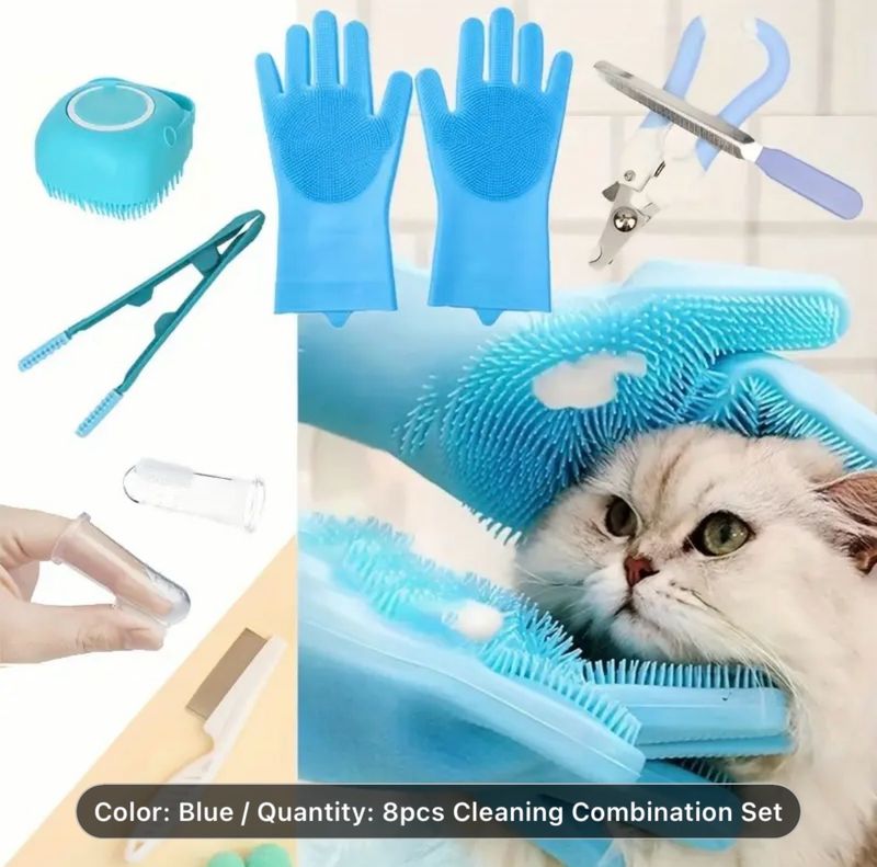 Pet Full-Body Cleaning Set includes a massage scrubber, eye cleaner, nail clippers, nail file, cleaning gloves, two finger toothbrushes, and a flea comb, ideal for grooming cats and dogs. 8-piece Pet Full-Body Cleaning Set includes a massage scrubber, eye cleaner, nail clippers, nail file, cleaning gloves, two finger toothbrushes, and a flea comb, ideal for grooming cats and dogs. 8-piece