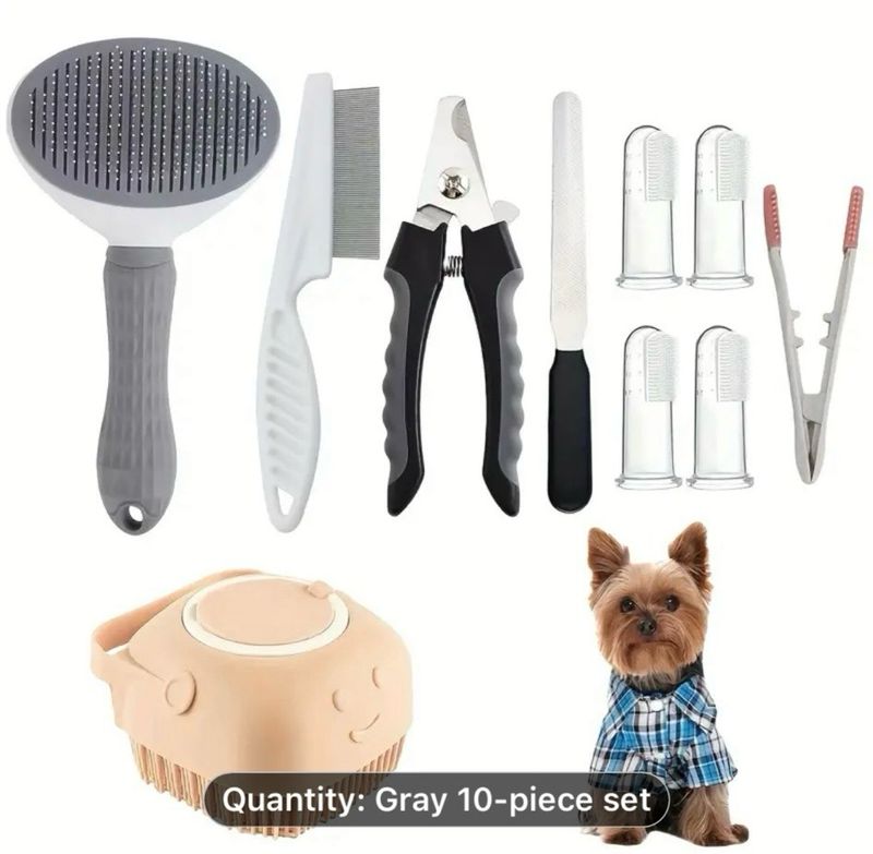 Pet Grooming Kit featuring a Self-Cleaning Slicker Brush, Nail Clippers, File, Eye Comb, Flea Comb, Silicone Toothbrush, and Shampoo Massage Brush for Dogs and Cats - Made with Durable Stainl Pet Grooming Kit featuring a Self-Cleaning Slicker Brush, Nail Clippers, File, Eye Comb, Flea Comb, Silicone Toothbrush, and Shampoo Massage Brush for Dogs and Cats - Made with Durable Stainl