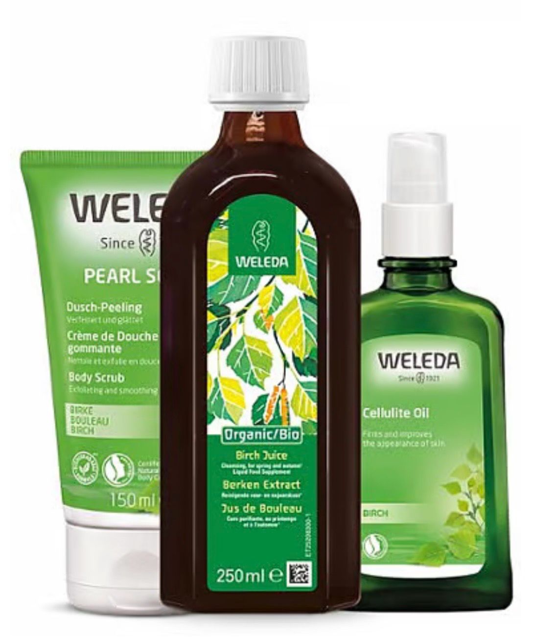 Weleda Birch Cleanse And Detox Set, Birch Juice elixir (liquid food supplement) 200ml, Birch cellulite oil 100ml, Pearl Scrub 150ml.