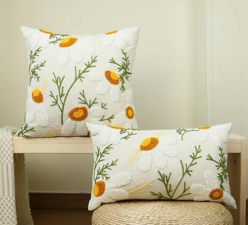 Daisy Floral Pretty White Yellow Tufted Cushion Pillow Cover Embroidered Cotton Botanical Design Includes Pillow Insert