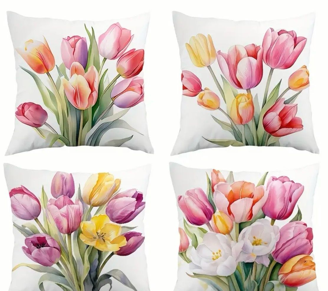 Simple White Background Colorful Tulip Pillow Covers, Velvet Printing, Home Living Lounge Room Sofa Office Cushion Cover, Without Core, 4pc, 2sz