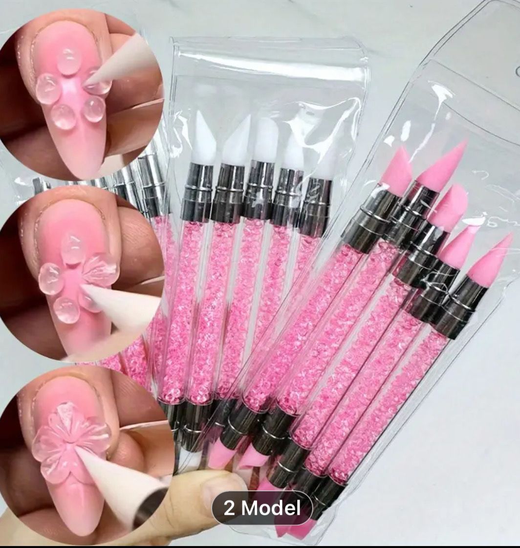 Rhinestone Nail Art Silicone Pen Sculpture Pen 3D Flower Carving DIY Manicure Brush Nail Dotting Pen, 5pcs Set Pink Dual ended, 2 Styles, Pink