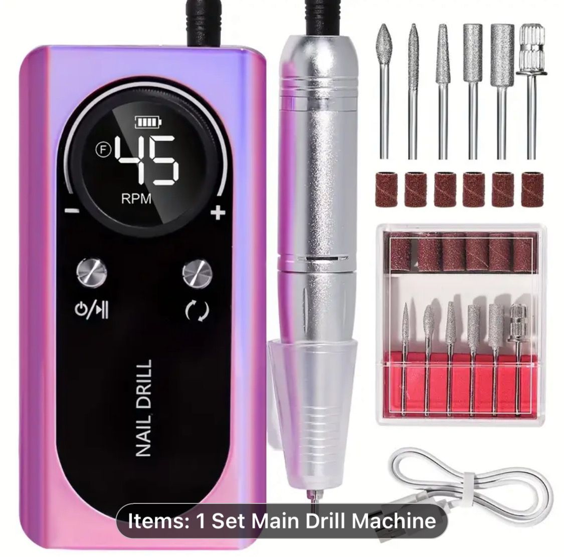 Electric Nail Drill Kit - USB-Powered, Odorless Manicure & Pedicure Set with 6 Bits & Sanding Bands, Reversible Control, Long-Lasting for Home & Salon Use, 1Set Professional