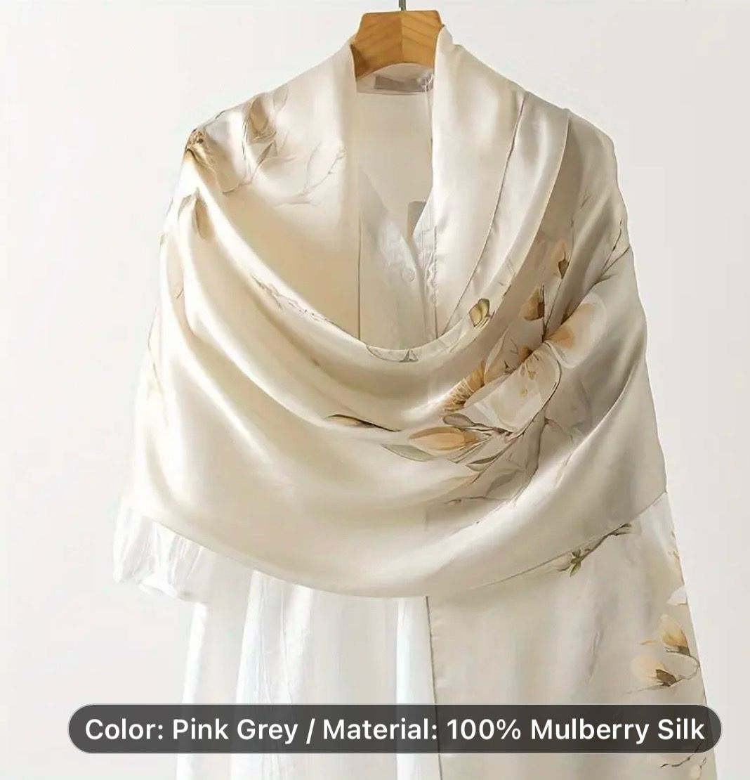 Silk Scarf Magnolia Print. Lightweight, Soft, And Skin-Friendly, Perfect for Everyday Wear, Keeping The Neck Warm, 100% Mulberry Silk