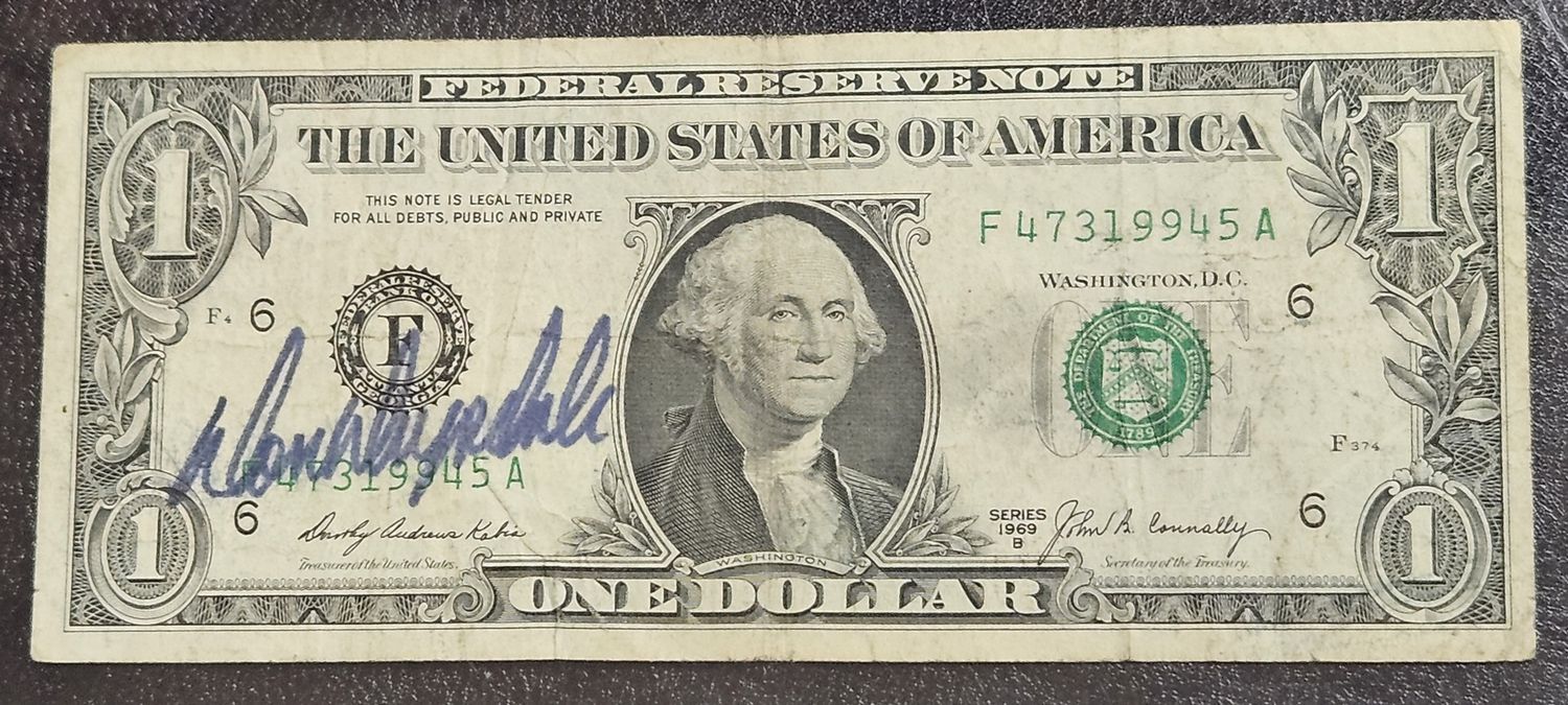 Don Drysdale Signed 1969 $1 Bill JSA COA