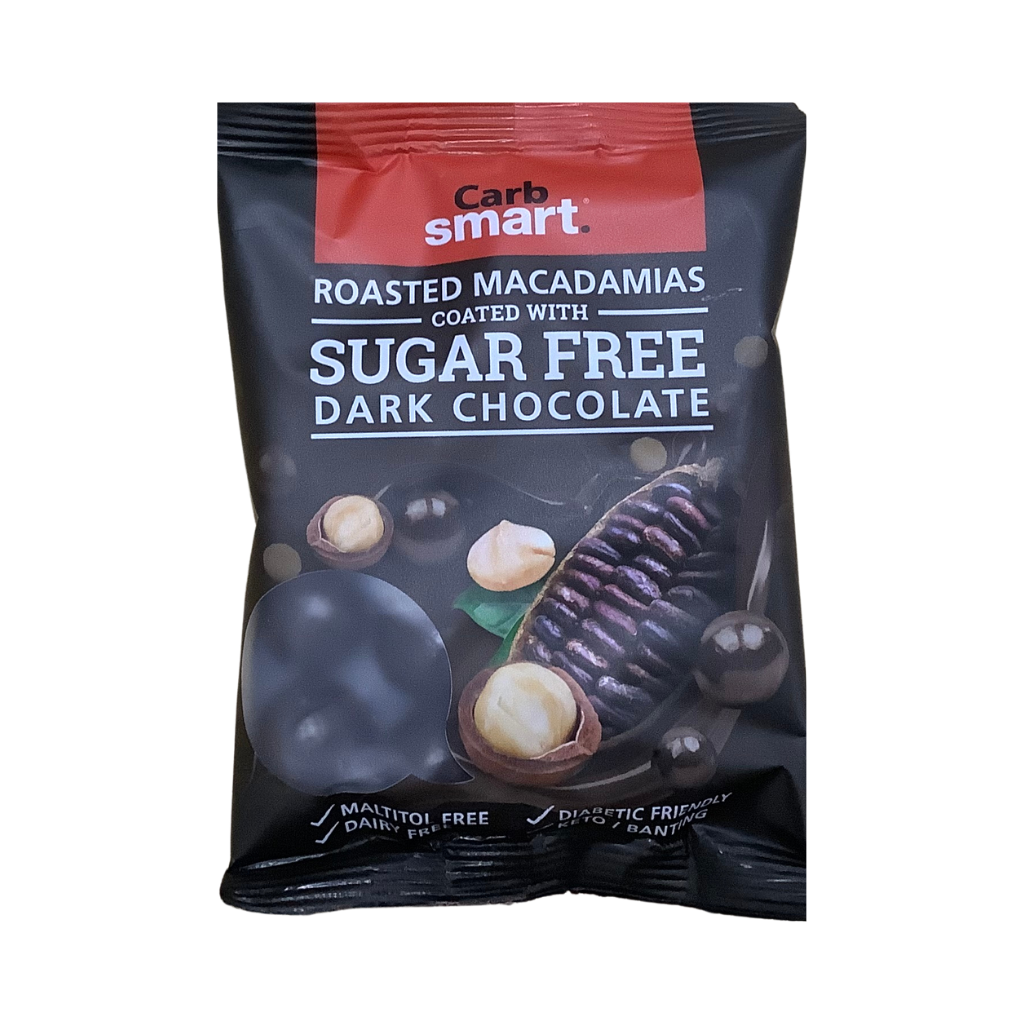 Carb Smart Roasted Macadamias Coated with Sugar Free Dark Chocolate 80g
